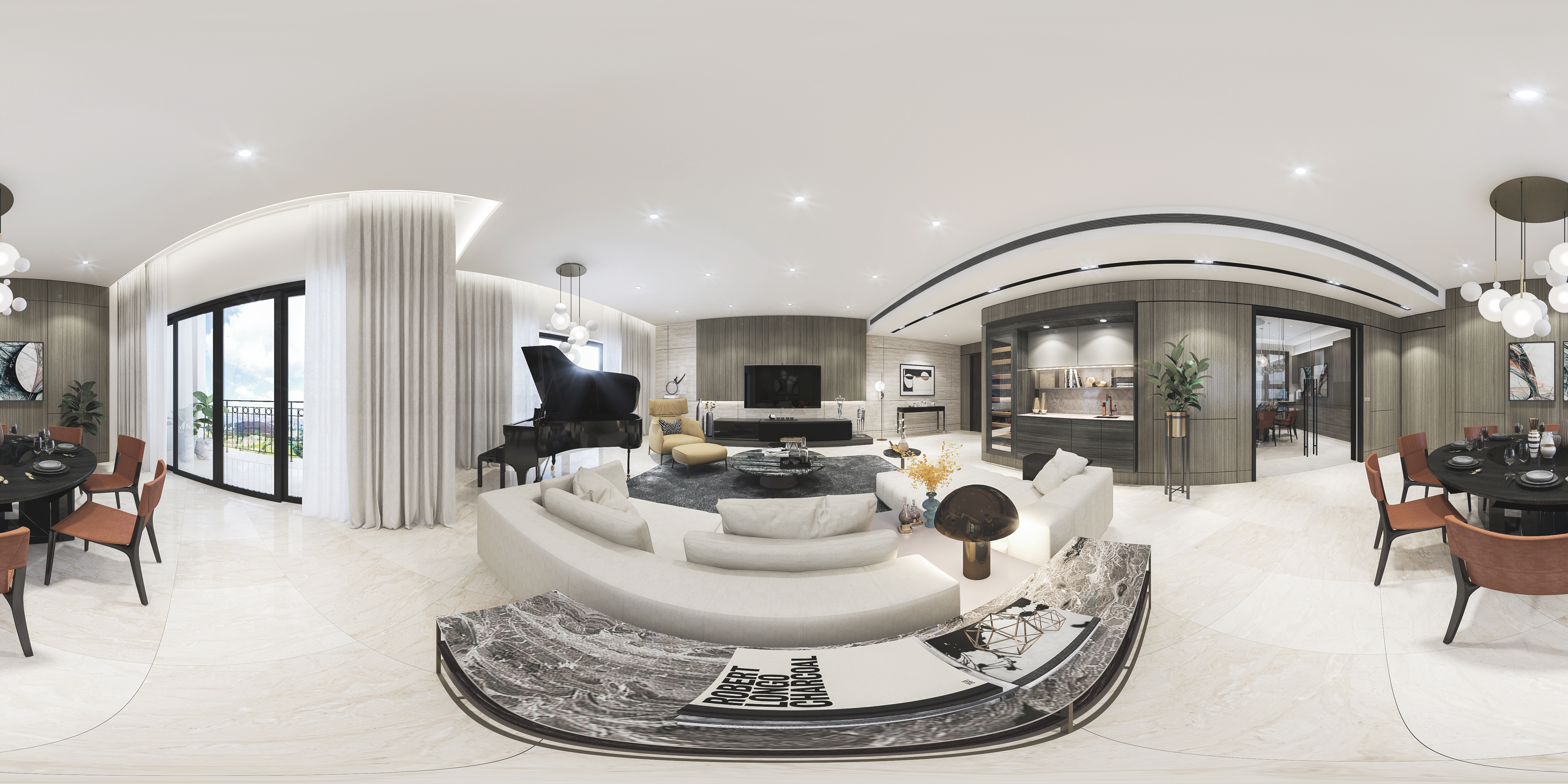 A 360 degree view of a living room and dining room.