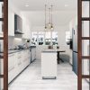 An image of a kitchen with a wooden door.