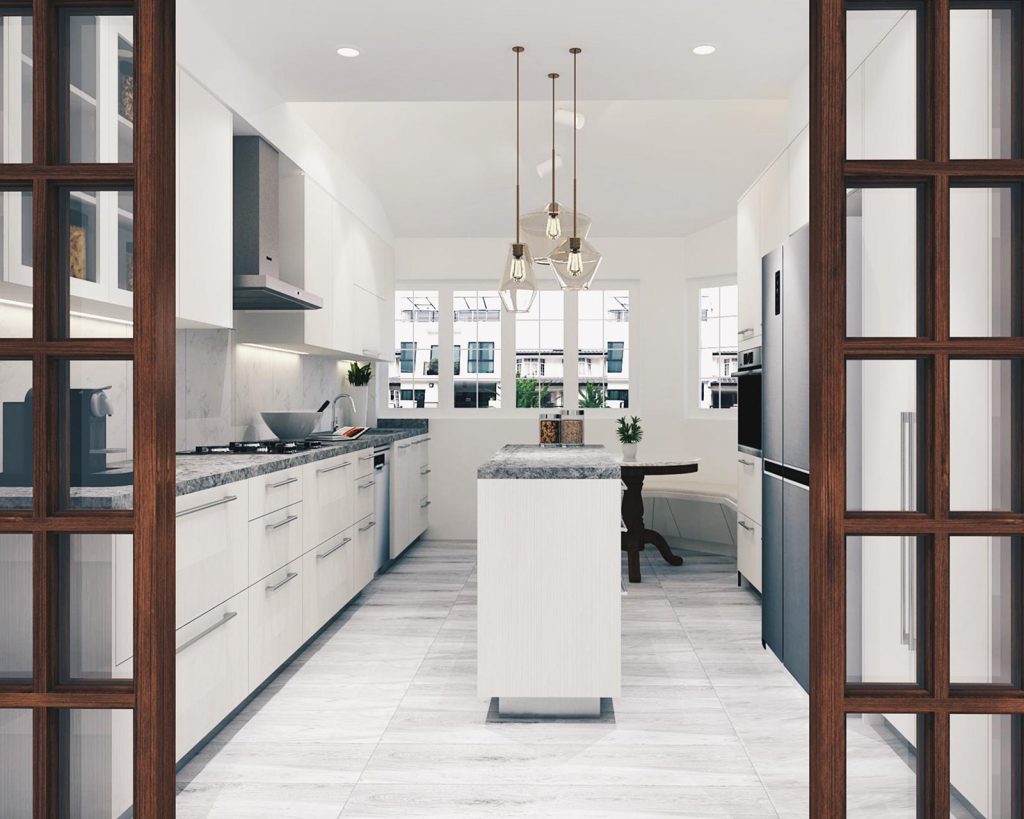 An image of a kitchen with a wooden door.