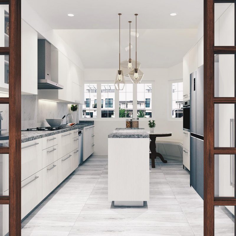 An image of a kitchen with a wooden door.