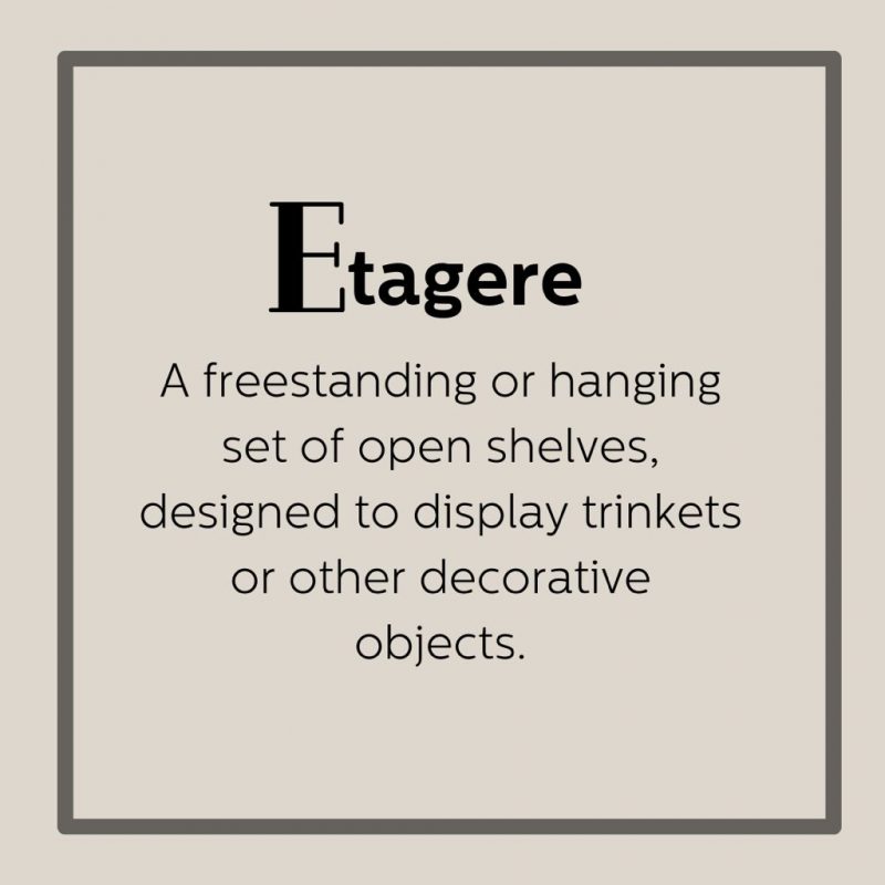Etagere standing or hanging set of open shelves designed to display trinkets or other objects.